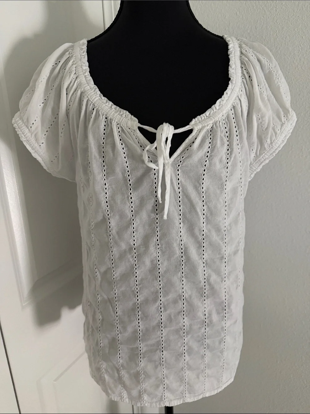 Old Navy White Eyelet Peasant Top with Tie Neck
